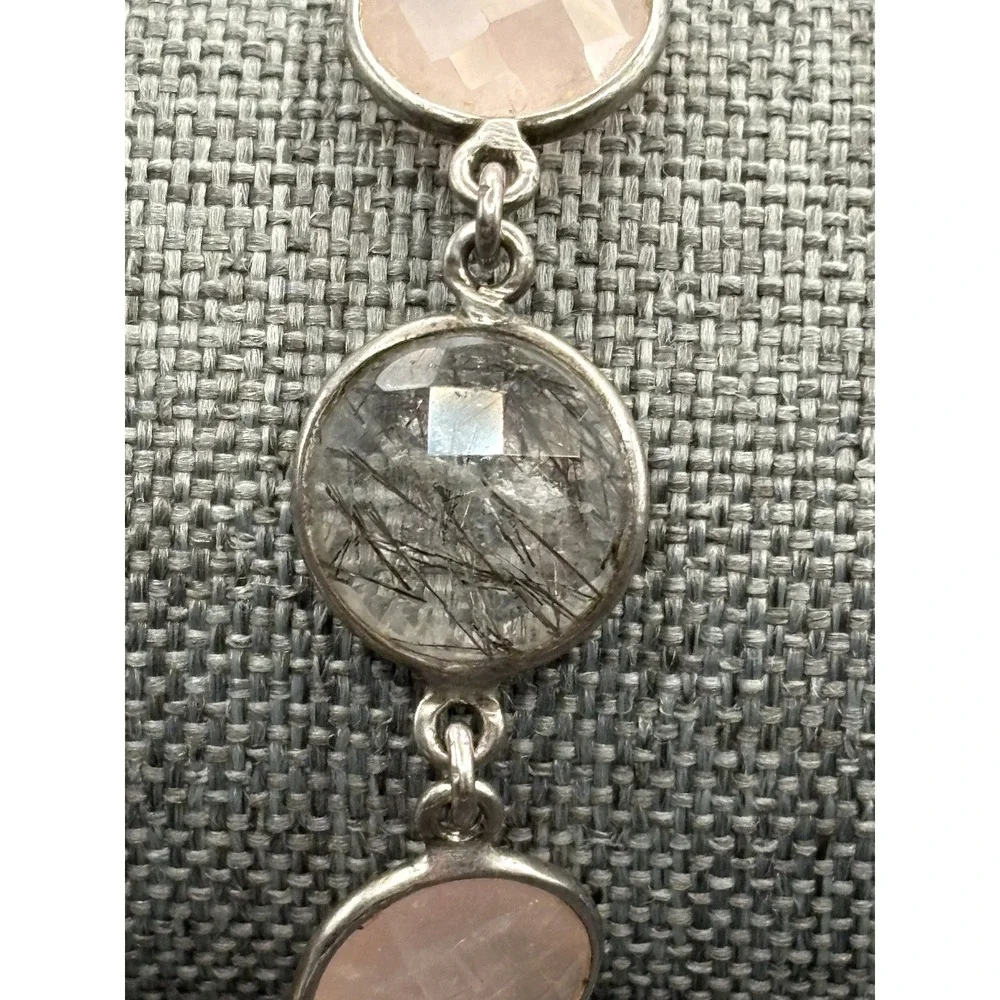 Vintage Sterling Silver 925 Faceted Gemstone Bracelet Rutilated and Rose Quartz